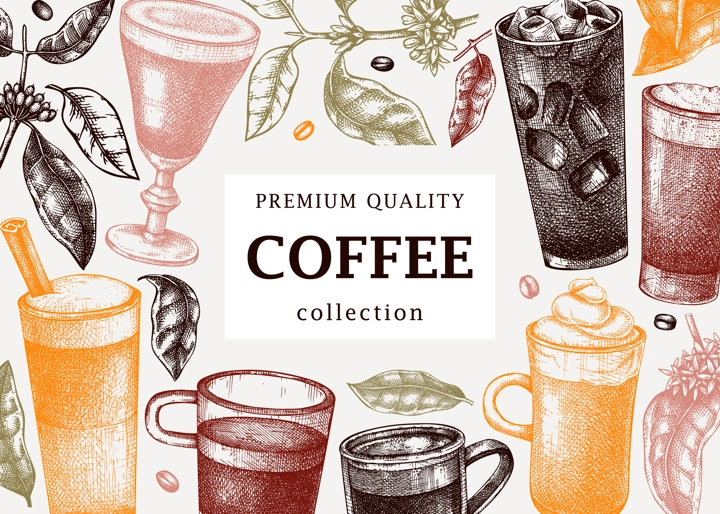 Hand-sketched coffee banner template in color. Vector sketches of mugs with aromatic caffeine drinks. With botanical coffee plants, leaves and beans in vintage style. Vector beverage background design